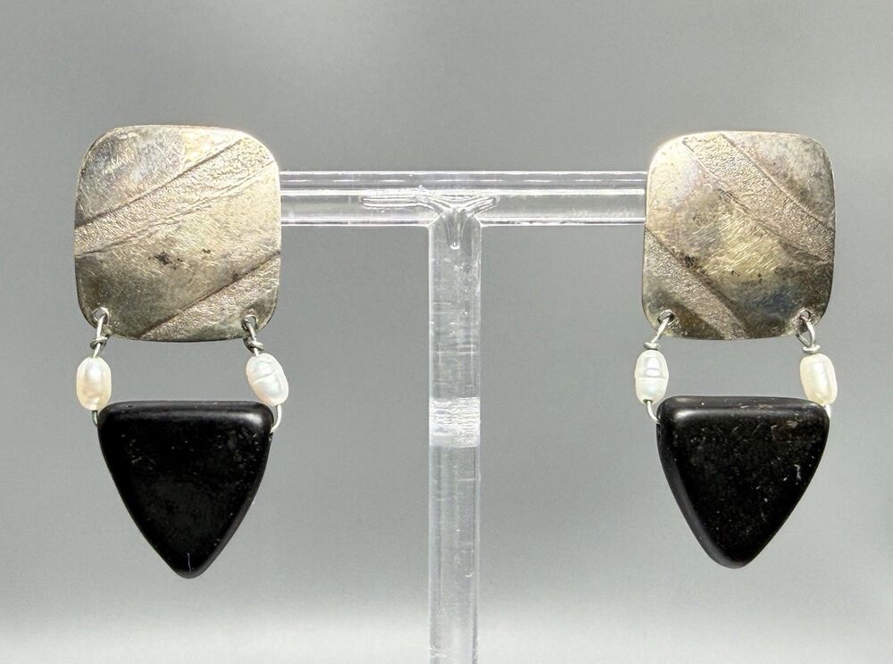 925 Sterling Silver Artisan Modernist Geometric Black Stone Pearl Earrings